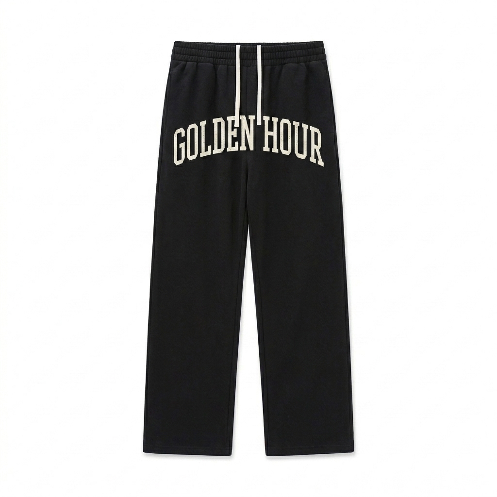 Custom Curved Stripe Sweatpants design direction 1: Varsity Athletic Wordmark featuring the GOLDEN HOUR wordmark