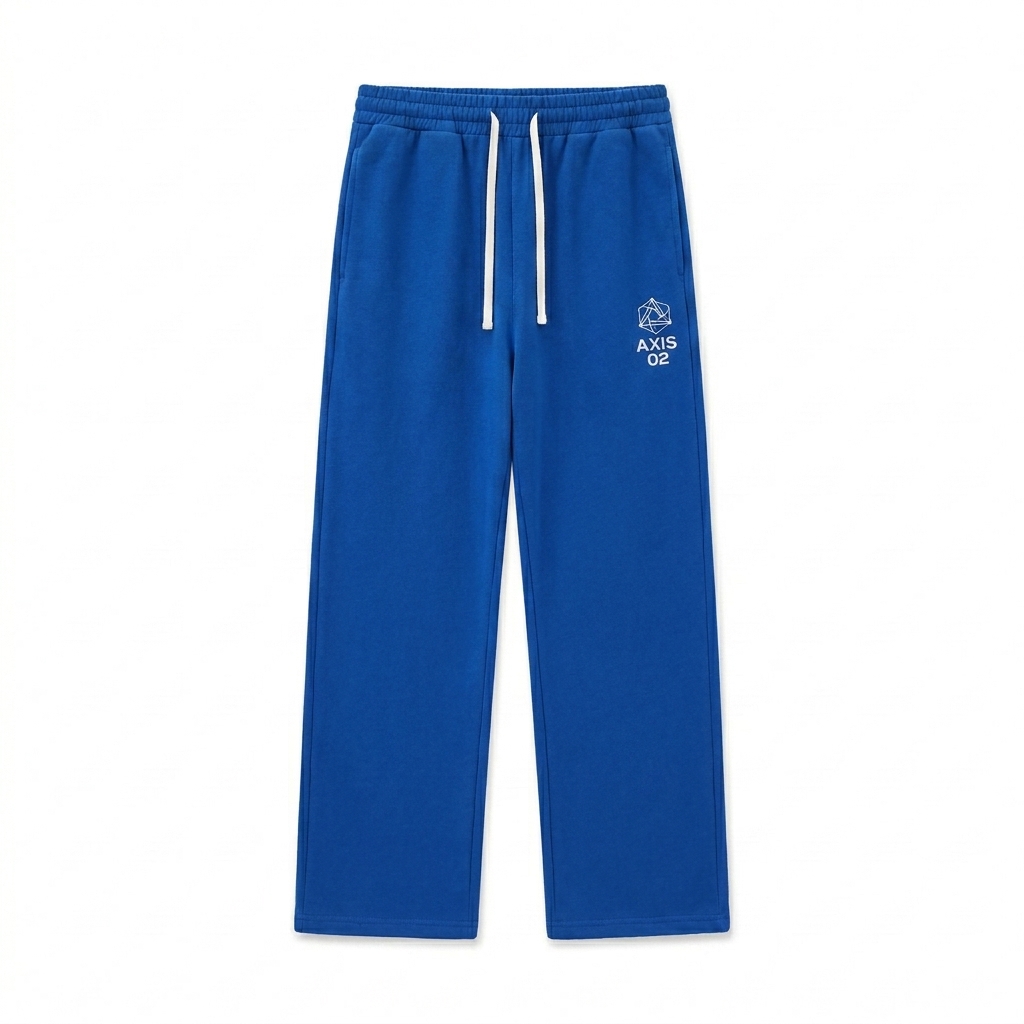 Custom Curved Stripe Sweatpants design direction 2: Minimalist Geometric Emblem featuring the AXIS 02 wordmark