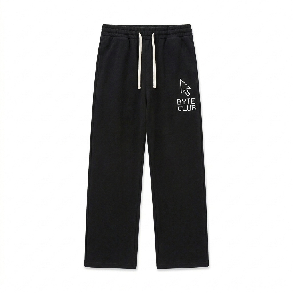 Custom Curved Stripe Sweatpants design direction 3: Pixelated Digital Icon featuring the BYTE CLUB wordmark