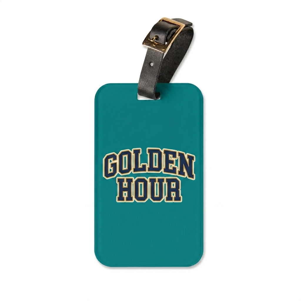 Custom Custom Acrylic Luggage Tag design direction 3: Retro Collegiate Emblem featuring the GOLDEN HOUR wordmark