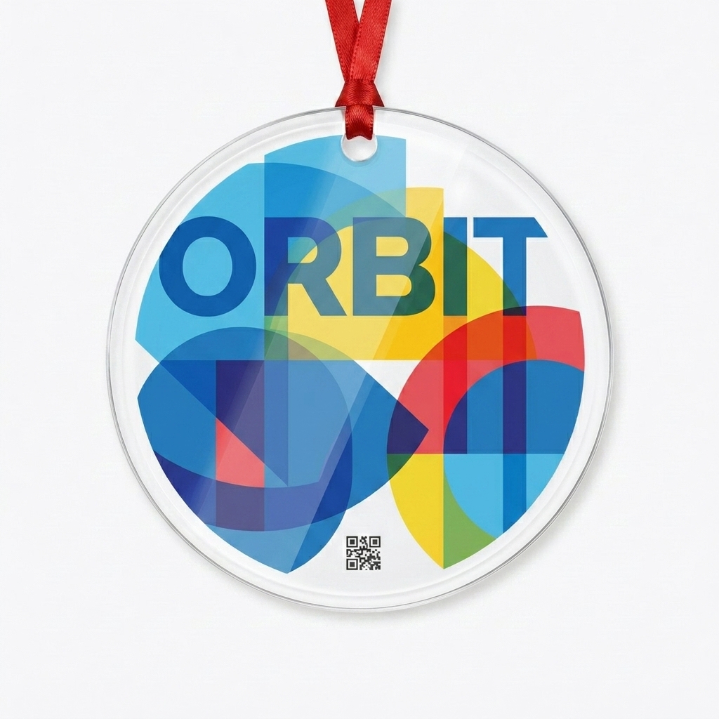 Custom Custom Acrylic Ornaments design direction 2: Abstract Geometric featuring the ORBIT wordmark