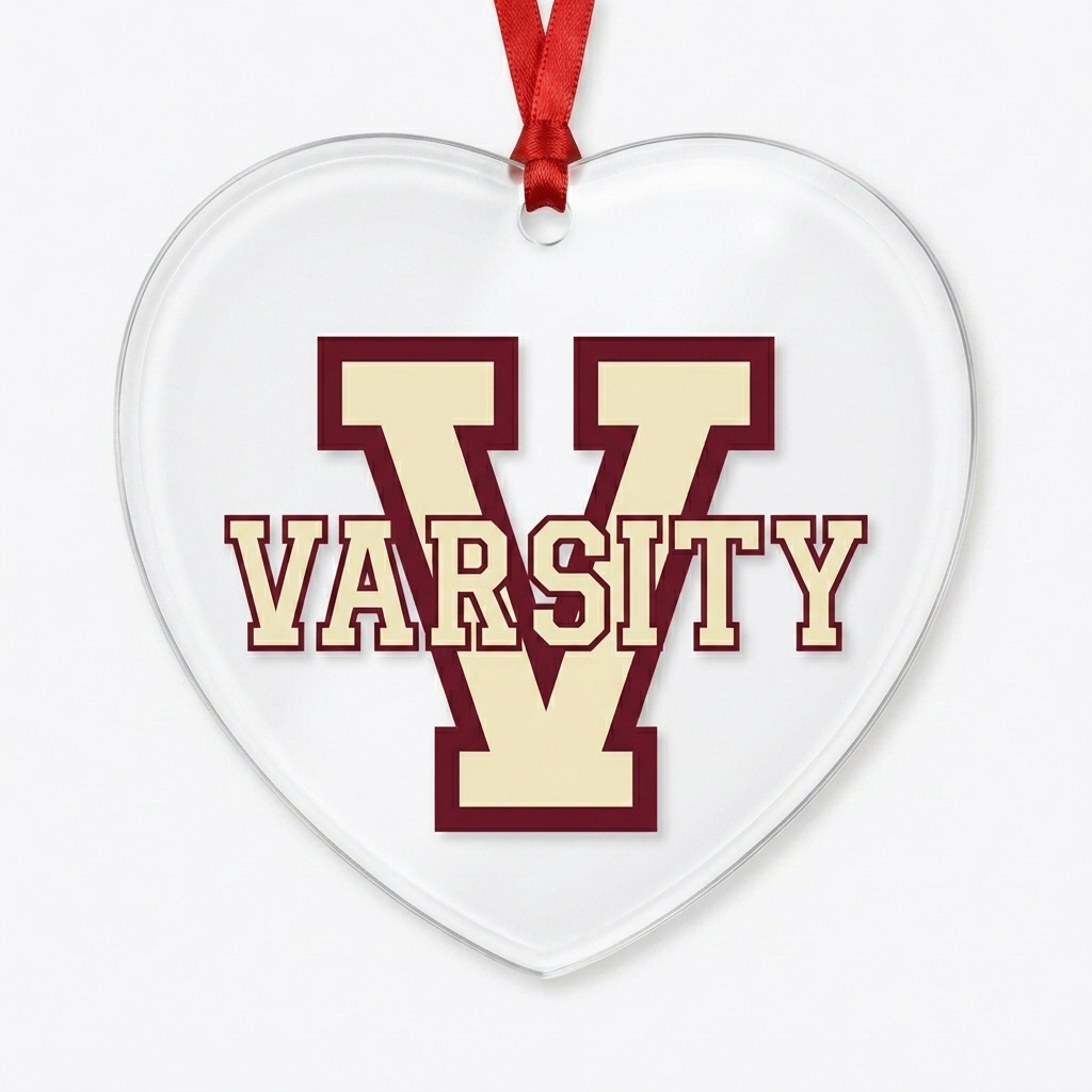 Custom Custom Acrylic Ornaments design direction 3: Retro Collegiate Emblem featuring the VARSITY wordmark