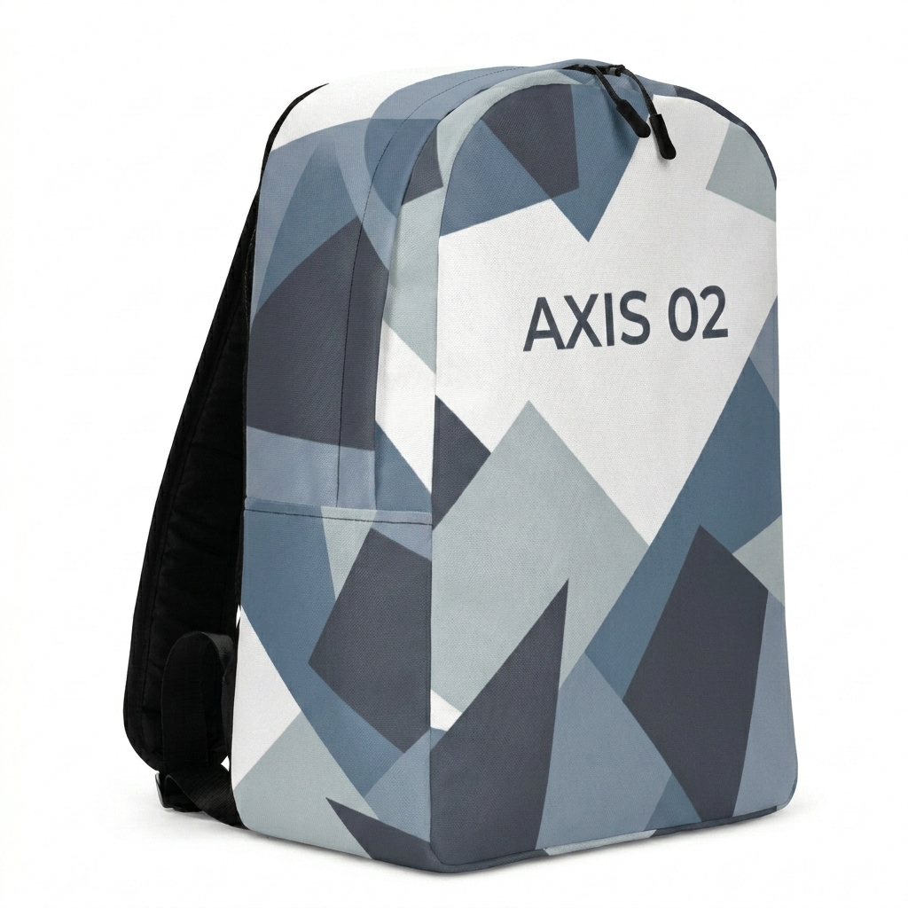 Custom All-Over Print Backpack design direction 1: Abstract Geometric Pattern featuring the AXIS 02 wordmark