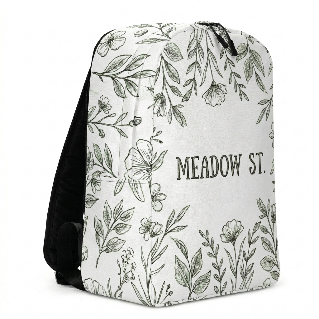 Custom All-Over Print Backpack design direction 2: Botanical Sketch Illustration featuring the MEADOW ST. wordmark