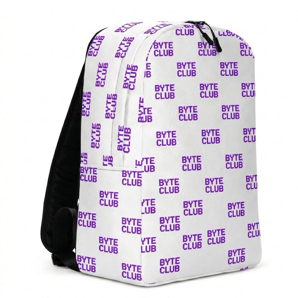 Custom All-Over Print Backpack design direction 3: Retro Tech Wordmark featuring the BYTE CLUB wordmark