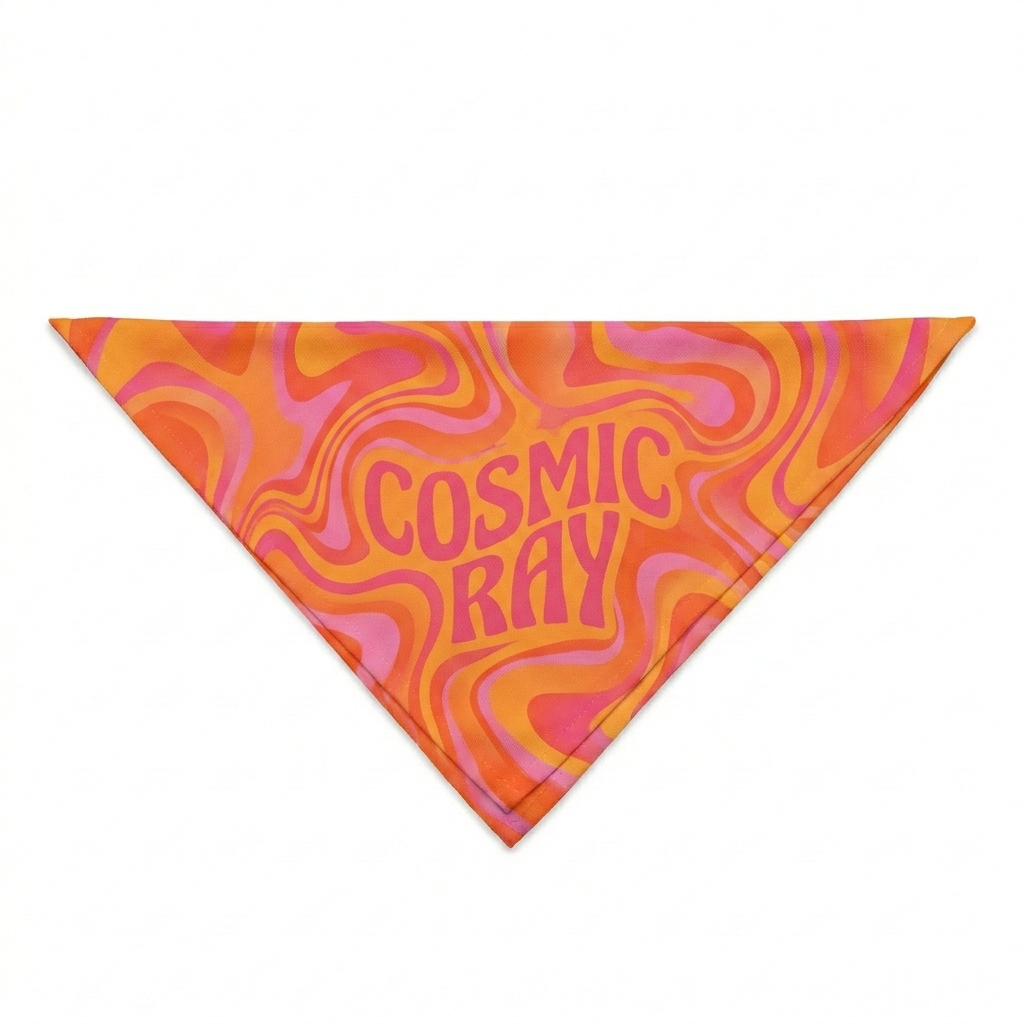 Custom All-Over Print Bandana design direction 3: Psychedelic Gradient Swirl featuring the COSMIC RAY wordmark