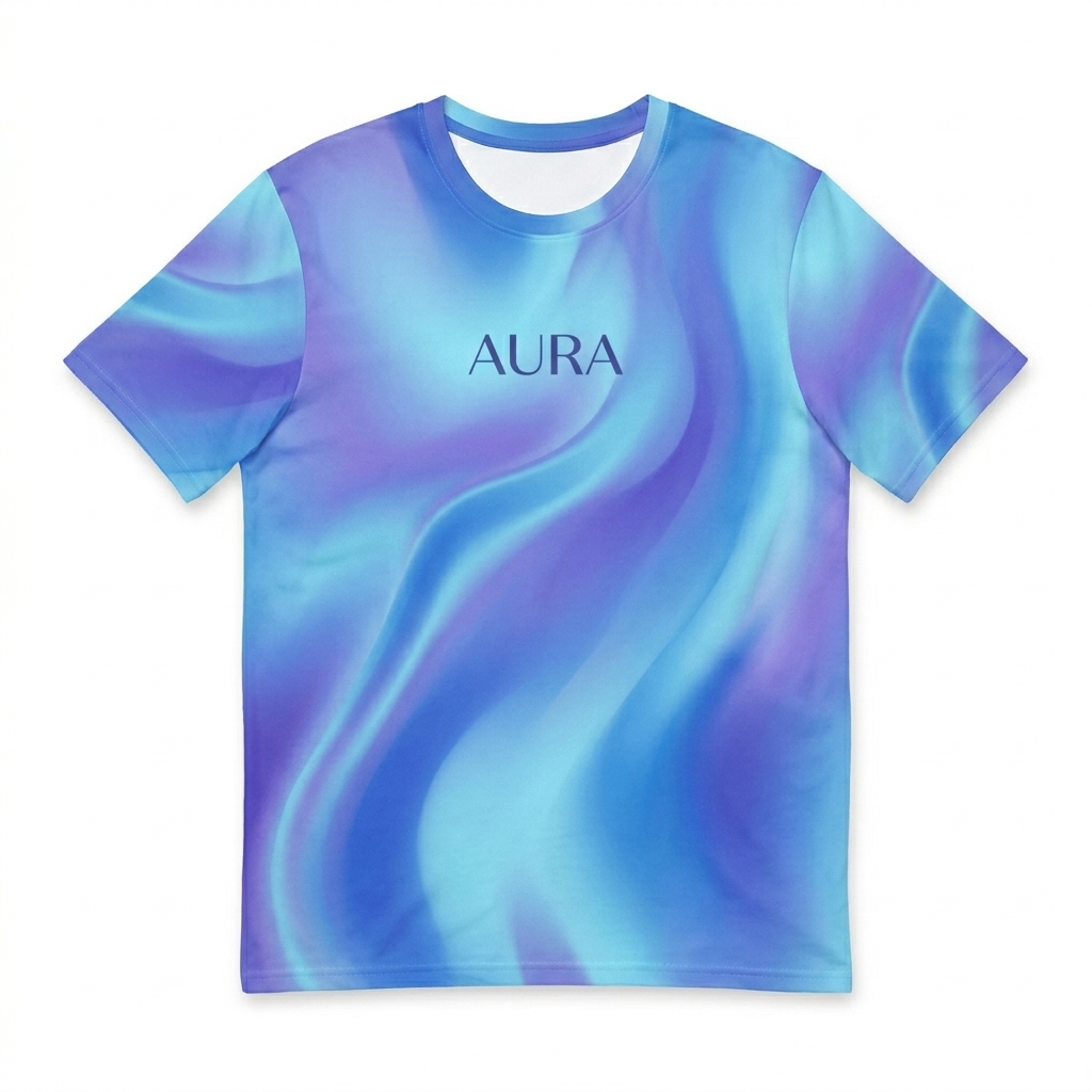 Custom Custom All-Over Print Crew Neck T-Shirt design direction 1: Abstract Gradient Flow featuring the AURA wordmark