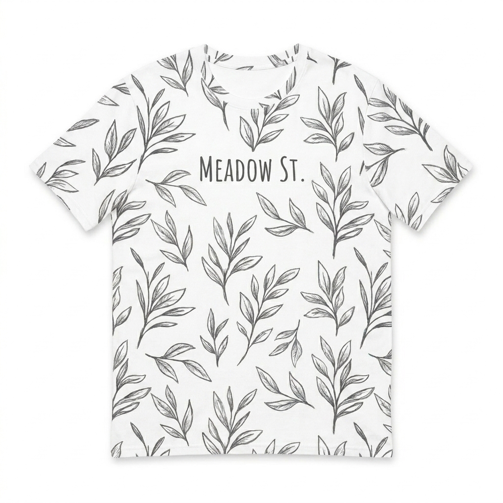 Custom Custom All-Over Print Crew Neck T-Shirt design direction 2: Botanical Sketch Pattern featuring the MEADOW ST. wordmark