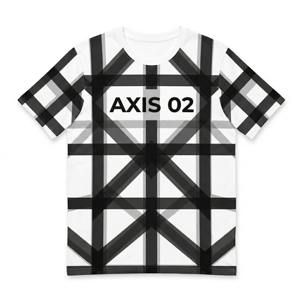 Custom Custom All-Over Print Crew Neck T-Shirt design direction 3: Geometric Grid Overlay featuring the AXIS 02 wordmark