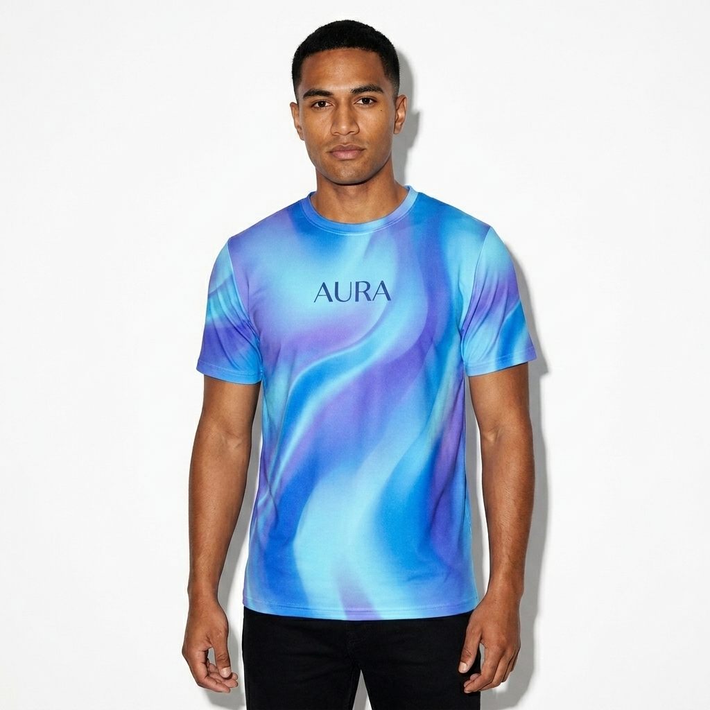 Custom All-Over Print Crew Neck T-Shirt worn by a lean Pacific Islander male fashion influencer, sporty athleisure styling, studio lookbook — custom custom all-over print crew neck t-shirt
