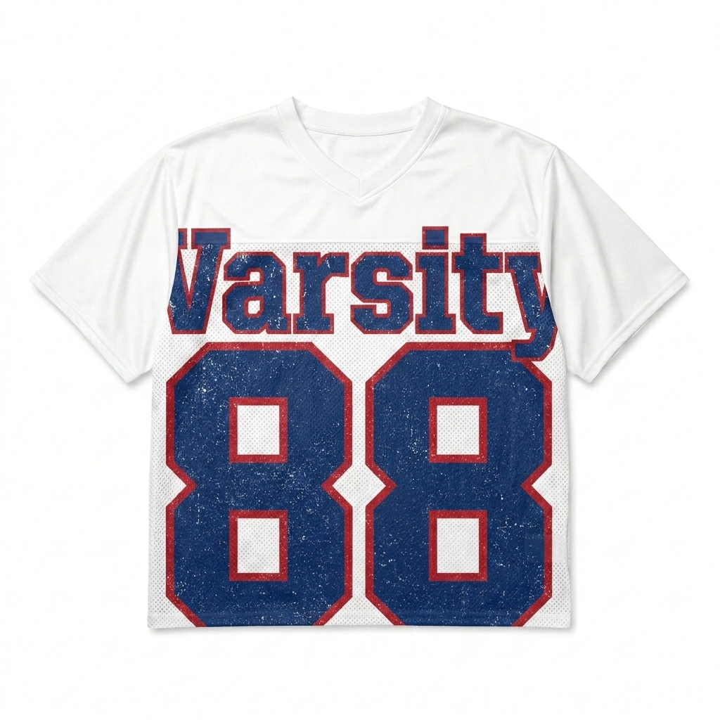 Custom All-Over Print Football Jersey design direction 1: Retro Collegiate Emblem featuring the Varsity 88 wordmark
