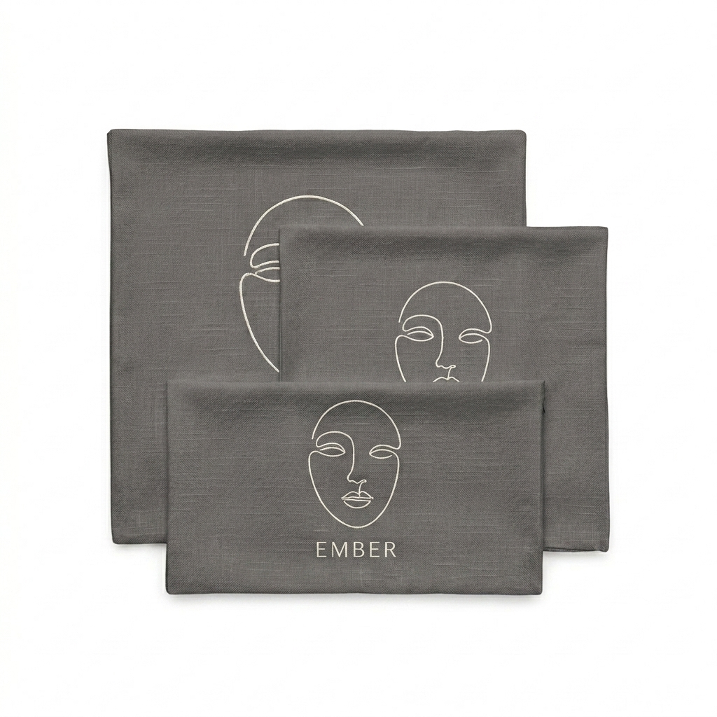 Custom All-Over Print Premium Pillow Case design direction 1: Minimalist Line Art featuring the EMBER wordmark