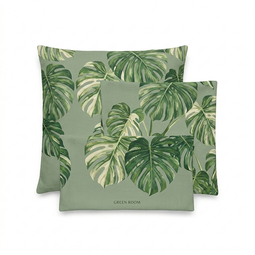 Custom All-Over Print Premium Pillow Case design direction 2: Botanical Illustration featuring the GREEN ROOM wordmark