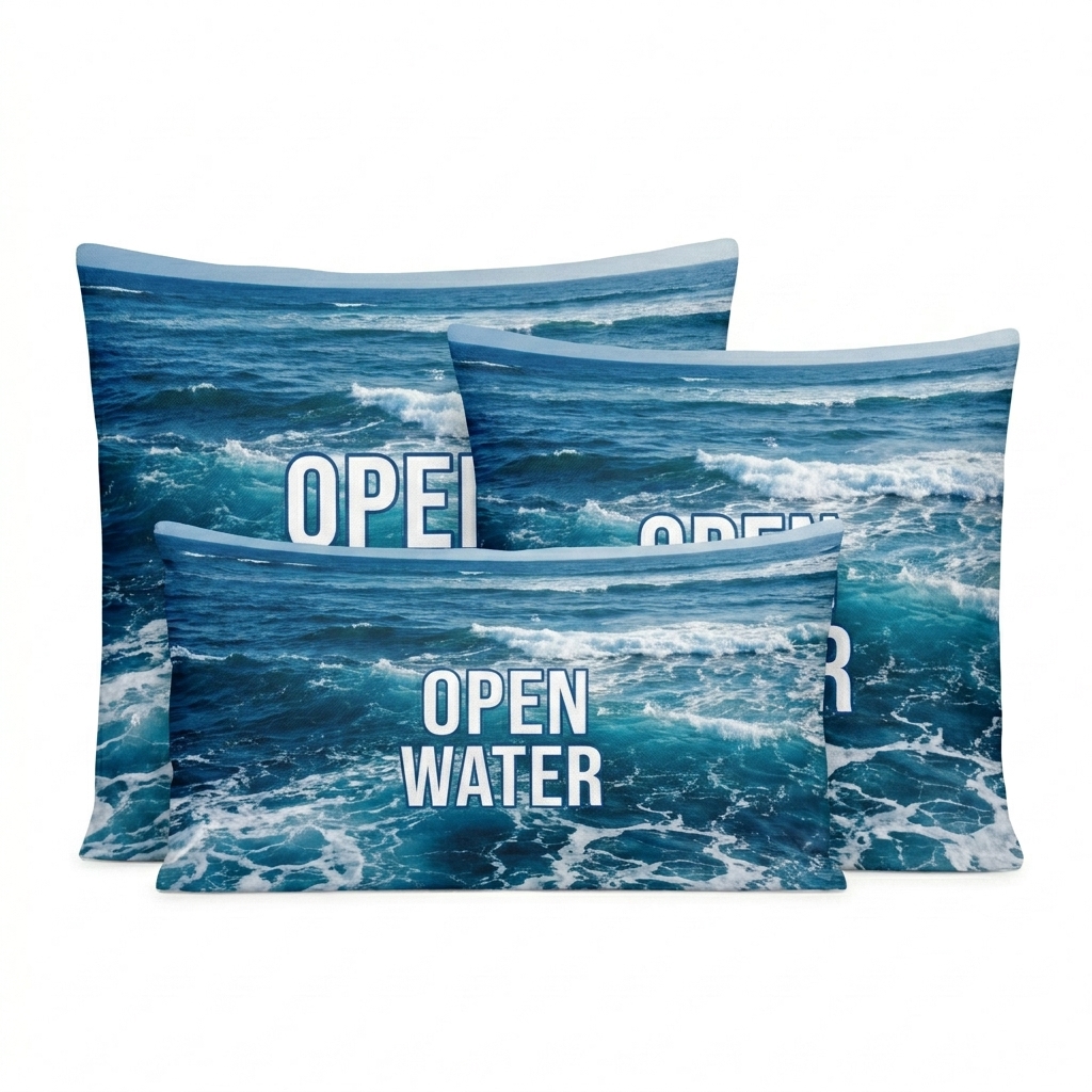 Custom All-Over Print Premium Pillow design direction 3: Abstract Landscape Photo Print featuring the OPEN WATER wordmark