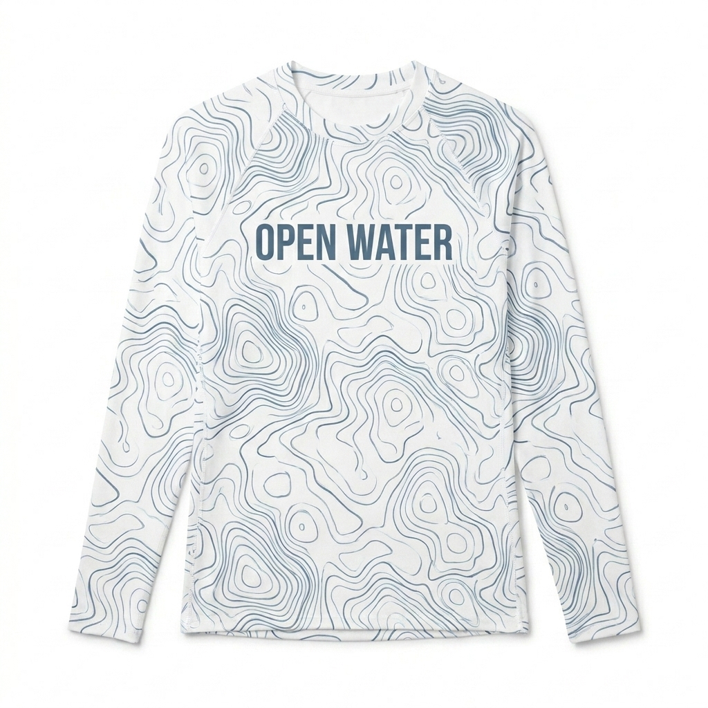 Custom All-Over Print Rash Guard design direction 1: Abstract Topography featuring the OPEN WATER wordmark