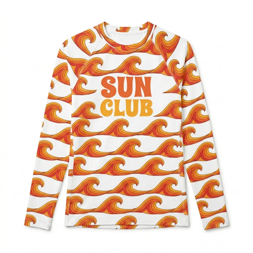Custom All-Over Print Rash Guard design direction 2: Retro Summer Wave featuring the SUN CLUB wordmark