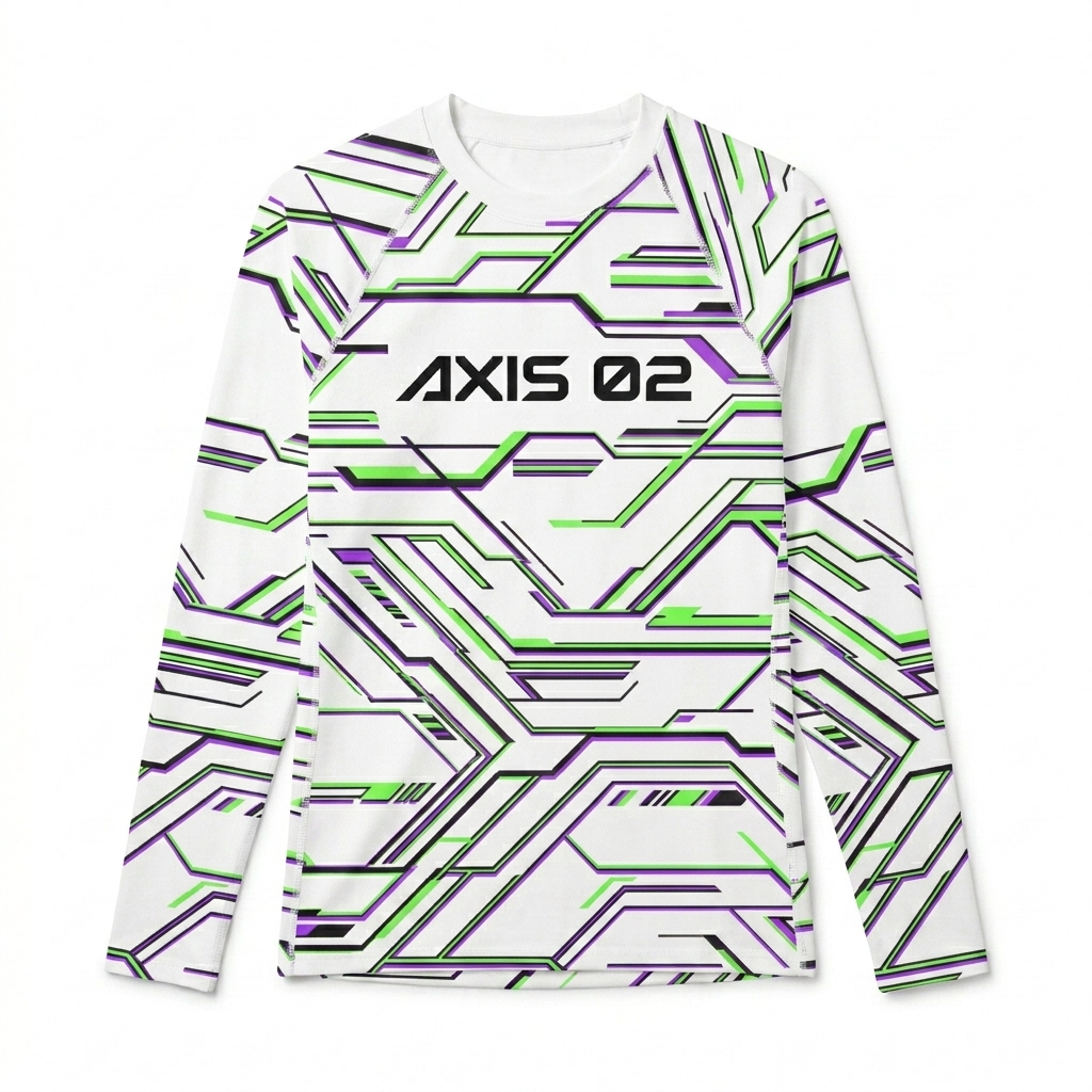 Custom All-Over Print Rash Guard design direction 3: Digital Glitch Pattern featuring the AXIS 02 wordmark
