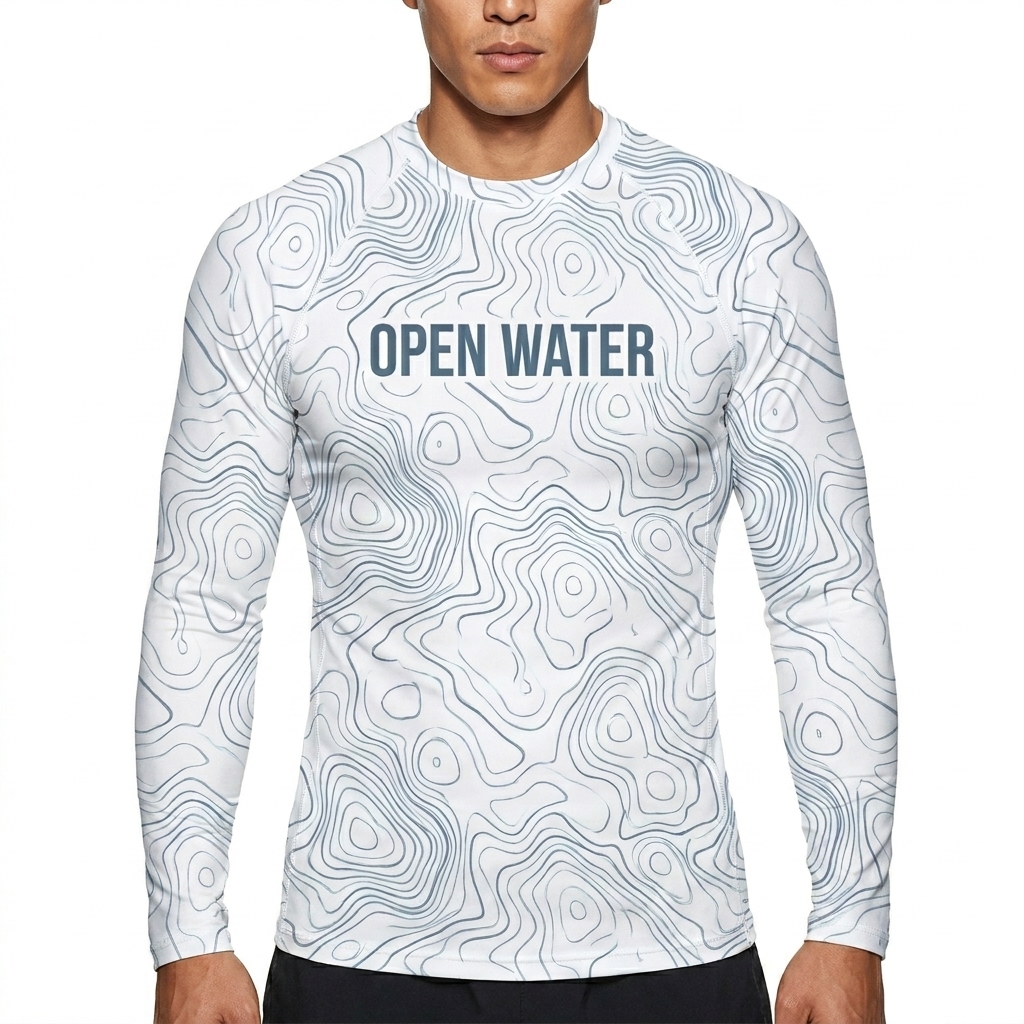 All-Over Print Rash Guard worn by a toned Chinese male fashion influencer, gorpcore outdoor styling, studio lookbook — custom all-over print rash guard