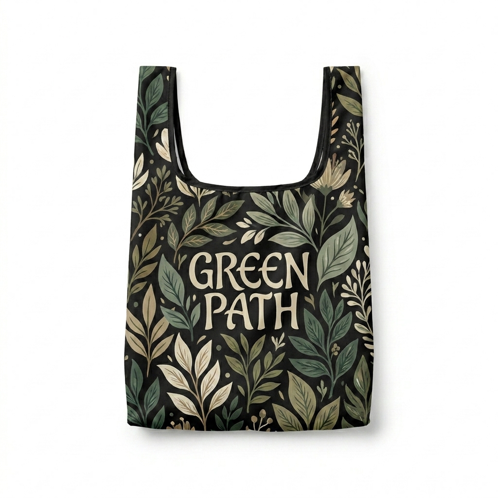 Custom Custom All-Over Print Shopping Bag design direction 2: Botanical Illustration featuring the GREEN PATH wordmark