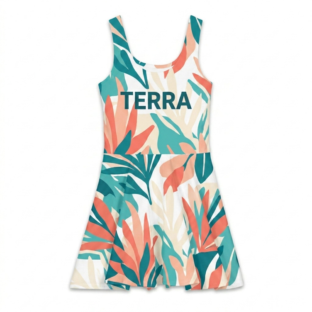 Custom All-Over Print Skater Dress design direction 1: Abstract Botanical Flow featuring the TERRA wordmark