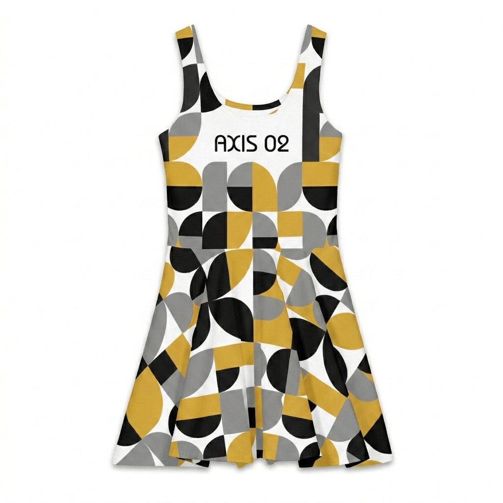 Custom All-Over Print Skater Dress design direction 2: Geometric Grid Play featuring the AXIS 02 wordmark