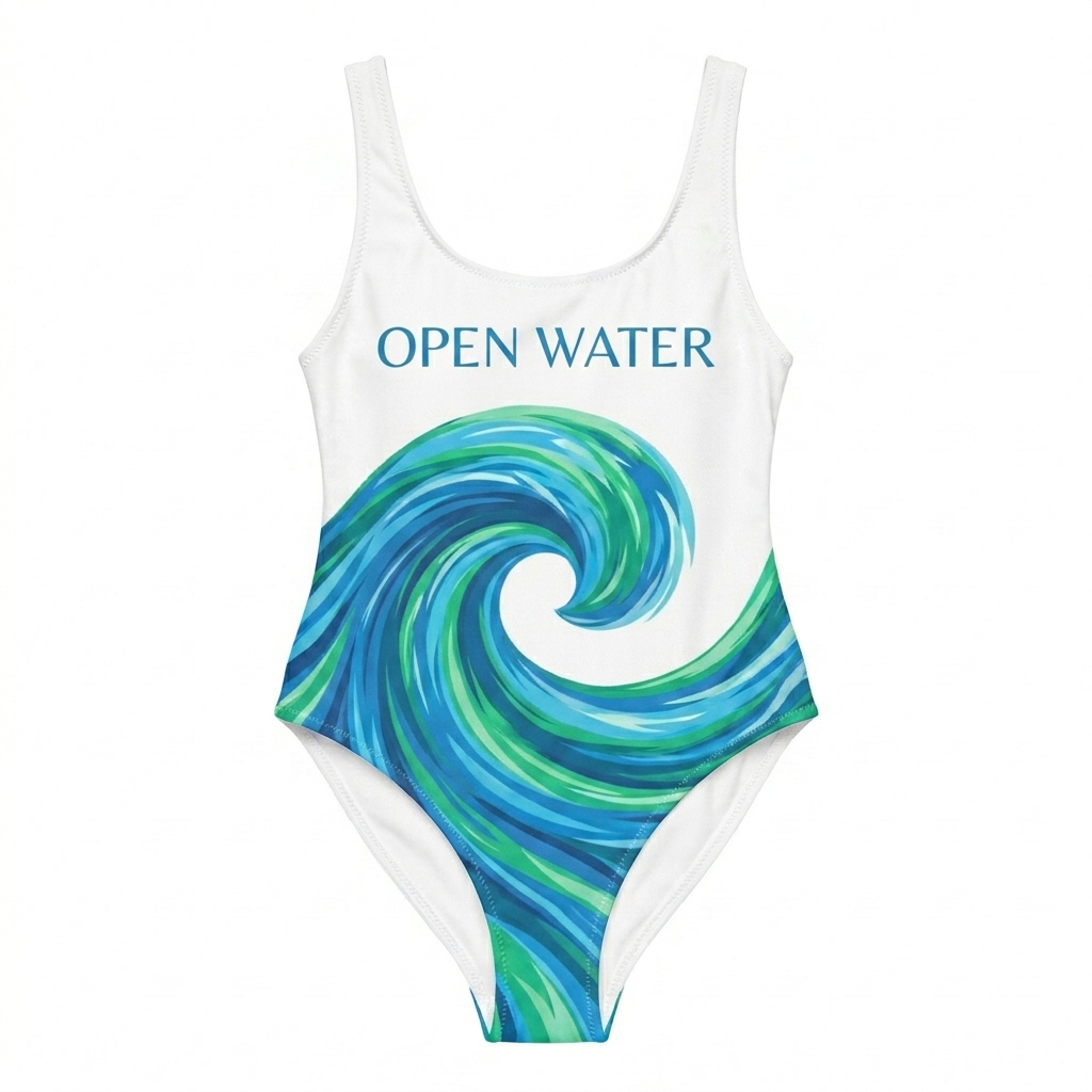 Custom Custom All-Over Print One-Piece Swimsuit design direction 1: Abstract Wave featuring the OPEN WATER wordmark