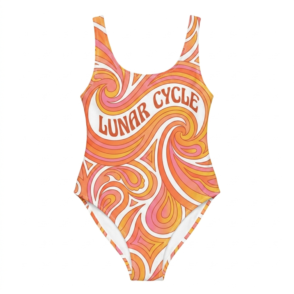 Custom Custom All-Over Print One-Piece Swimsuit design direction 2: Retro Gradient Swirl featuring the LUNAR CYCLE wordmark