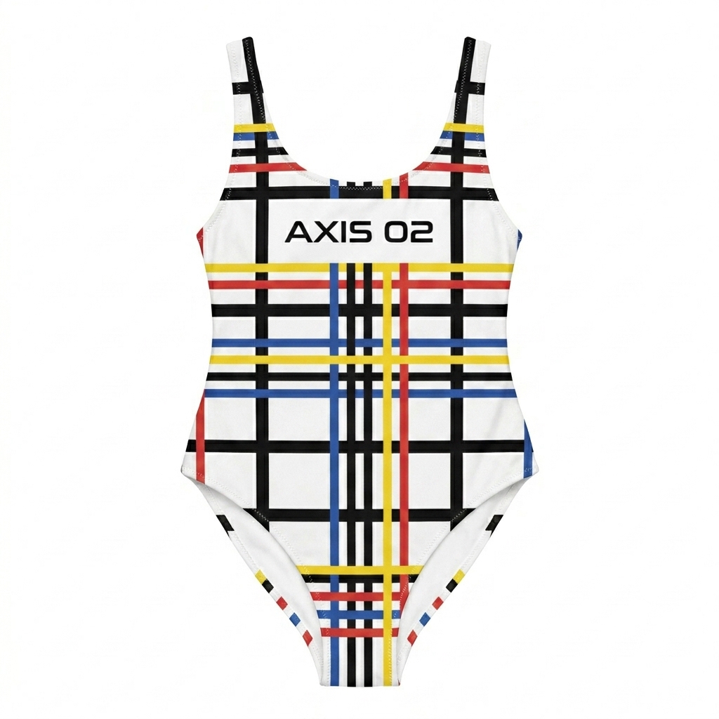 Custom Custom All-Over Print One-Piece Swimsuit design direction 3: Geometric Grid featuring the AXIS 02 wordmark