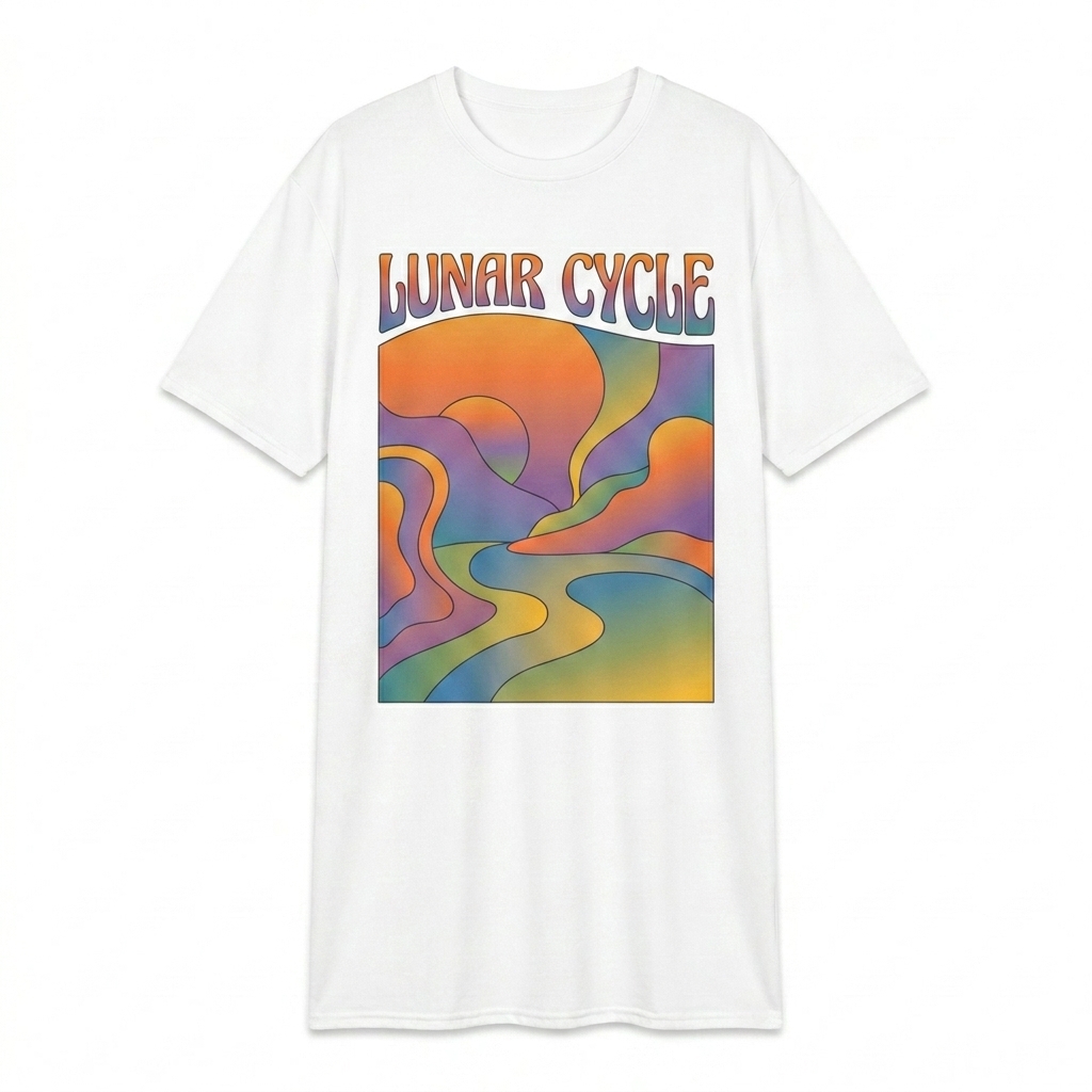 Custom Custom All-Over Print T-Shirt Dress design direction 1: Retro Abstract Gradient featuring the LUNAR CYCLE wordmark