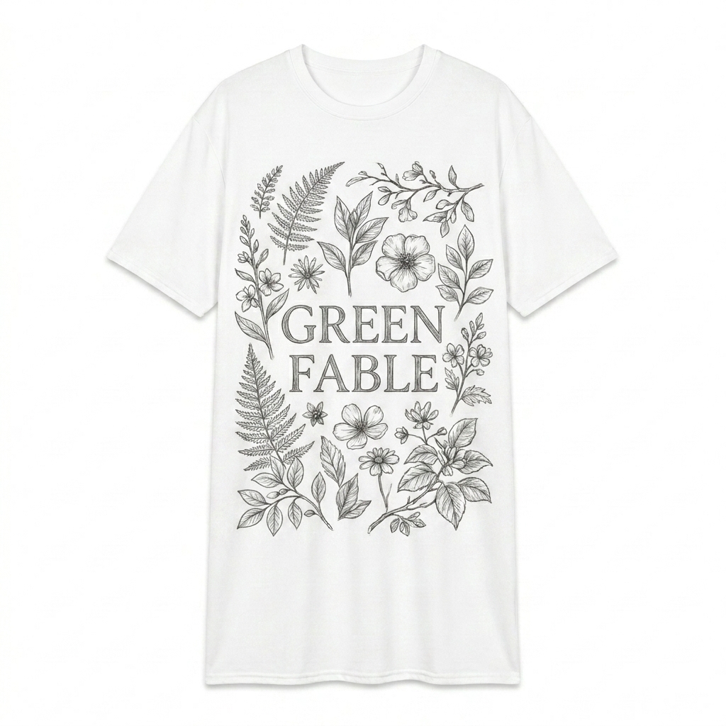 Custom Custom All-Over Print T-Shirt Dress design direction 3: Botanical Sketch Collage featuring the GREEN FABLE wordmark