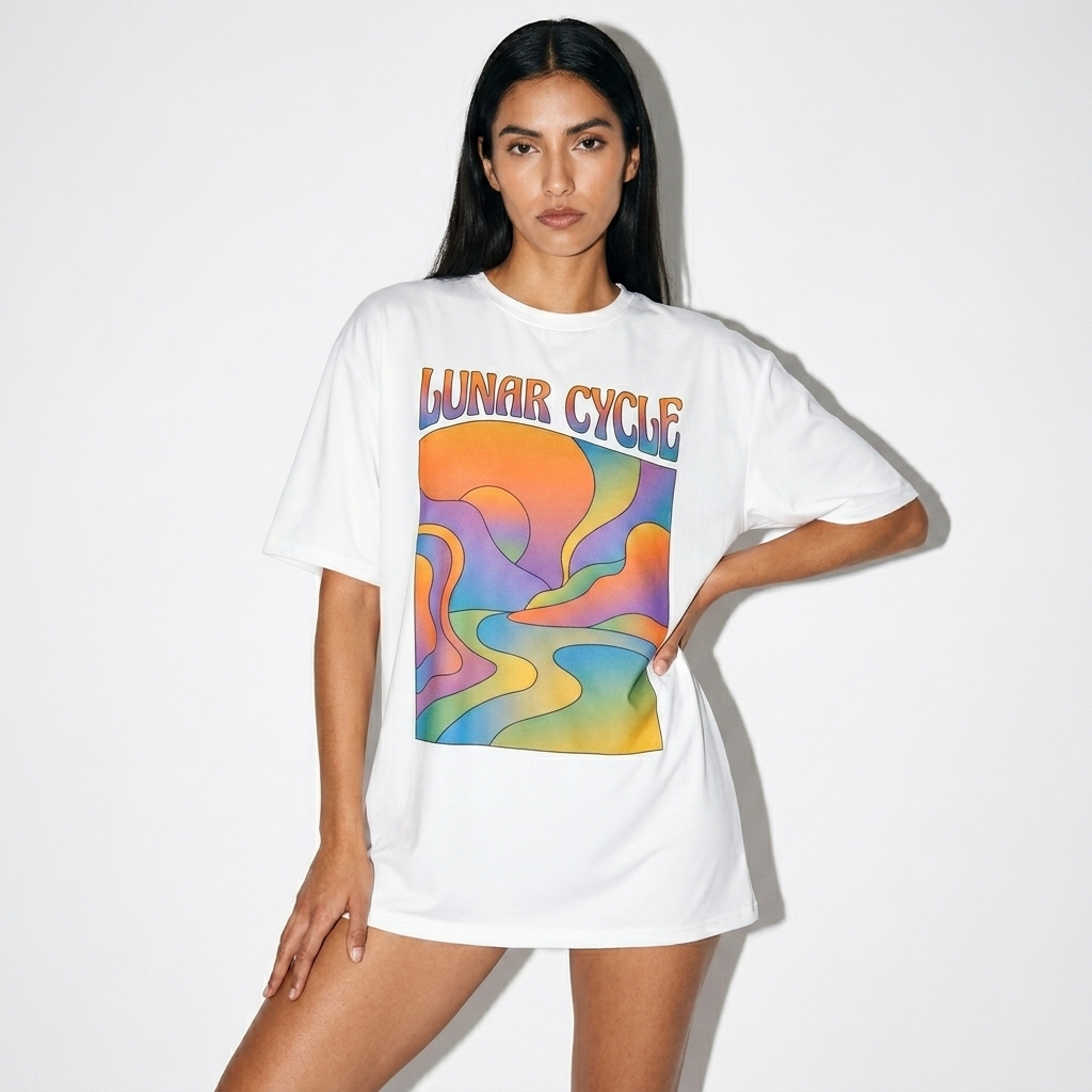 Custom All-Over Print T-Shirt Dress worn by a slim tall Mexican female fashion influencer, editorial avant-garde styling, studio lookbook — custom custom all-over print t-shirt dress