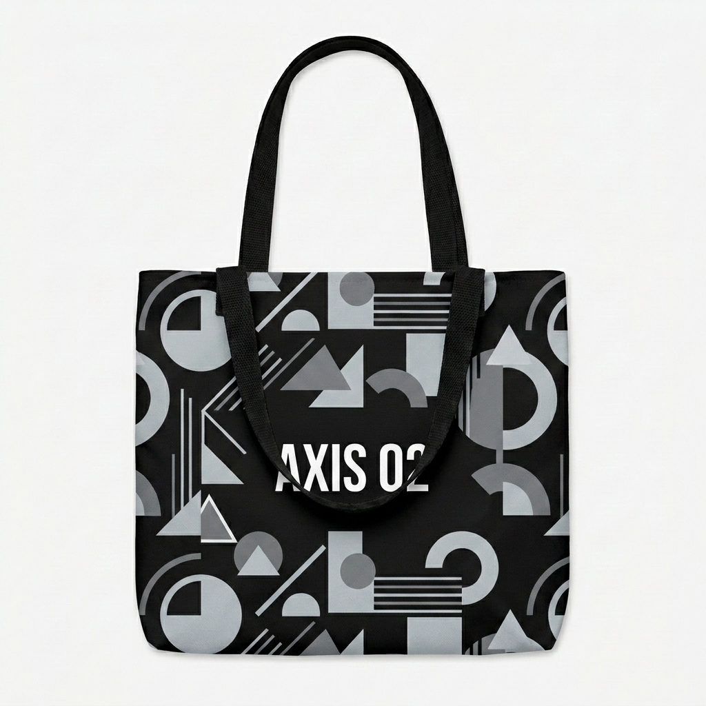 Custom All-Over Print Tote Bag design direction 1: Abstract Geometric Pattern featuring the AXIS 02 wordmark