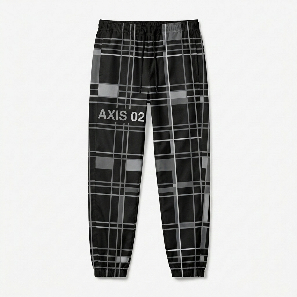 Custom All-Over Print Track Pants design direction 1: Geometric Grid featuring the AXIS 02 wordmark