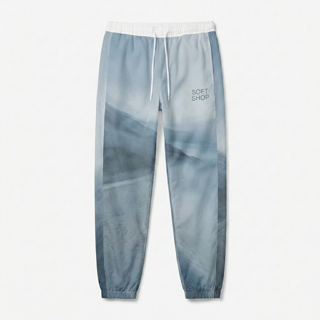 Custom All-Over Print Track Pants design direction 2: Abstract Landscape featuring the SOFT SHOP wordmark
