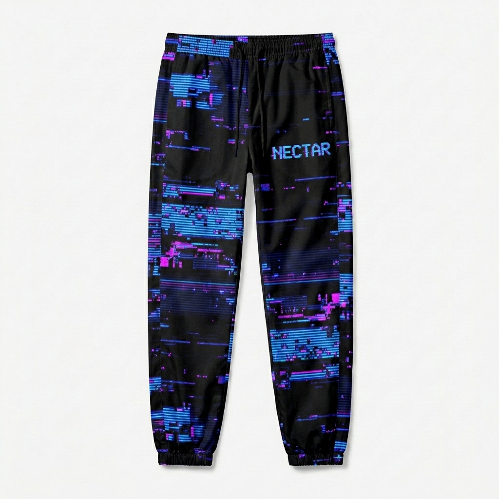 Custom All-Over Print Track Pants design direction 3: Digital Glitch Pattern featuring the NECTAR wordmark
