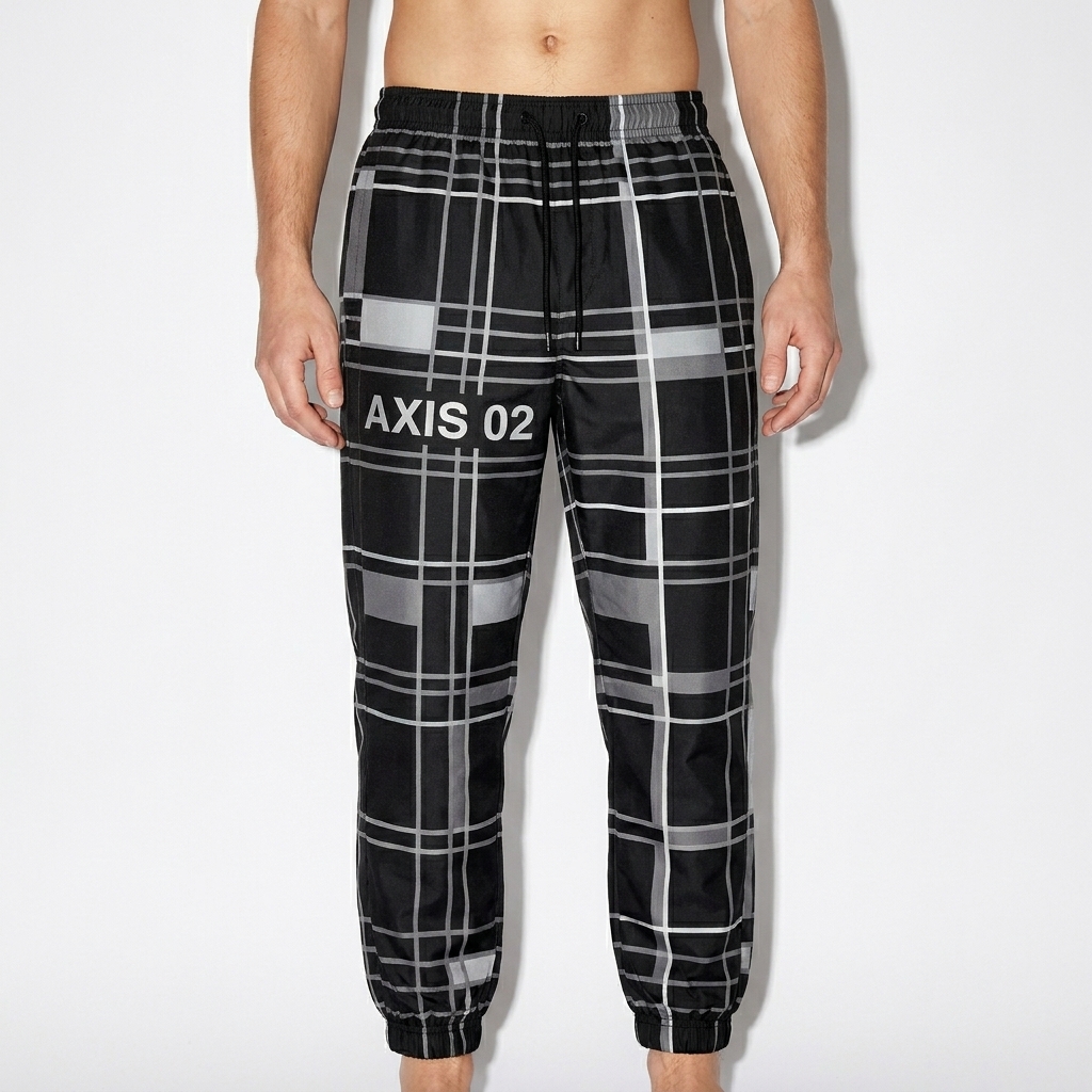 All-Over Print Track Pants worn by a petite German male fashion influencer, sporty athleisure styling, studio lookbook — custom all-over print track pants