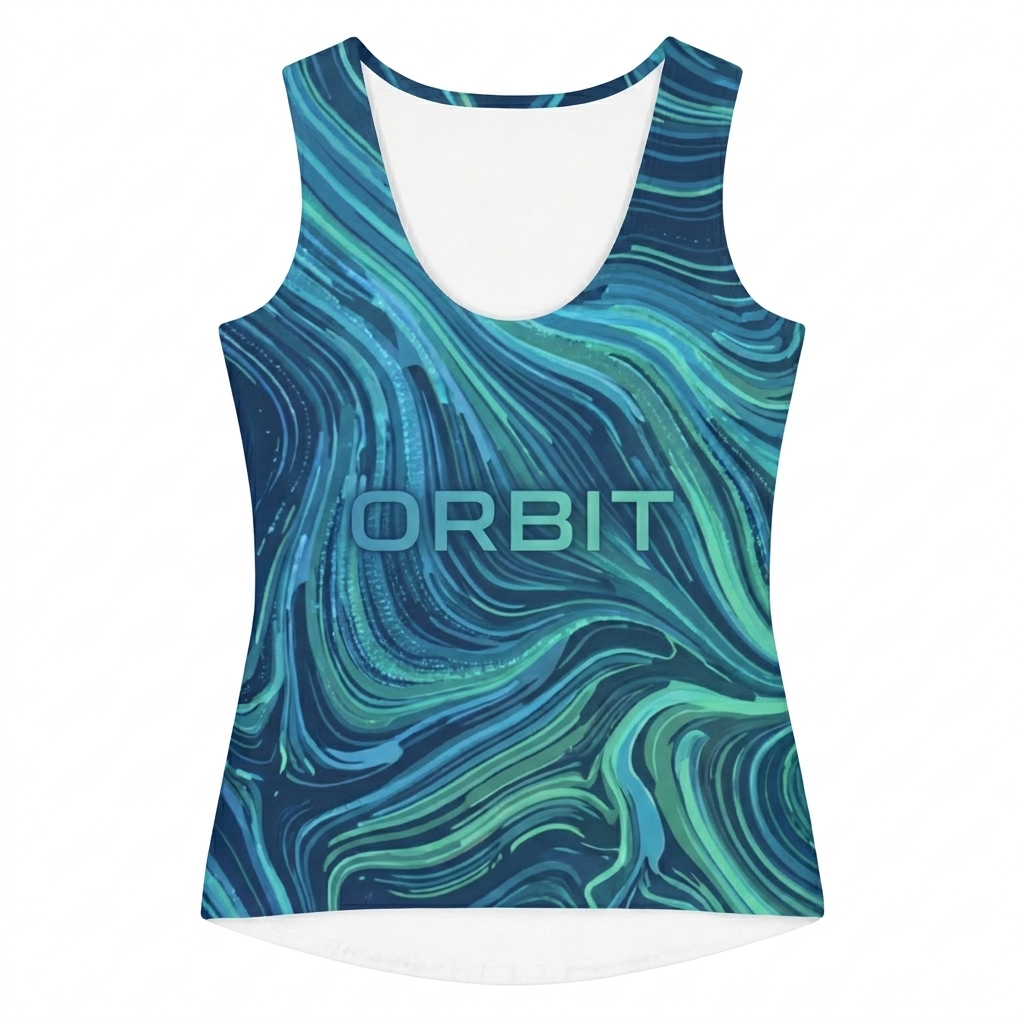 Custom All-Over Print Women's Tank Top design direction 2: Bold Abstract Graphic featuring the ORBIT wordmark