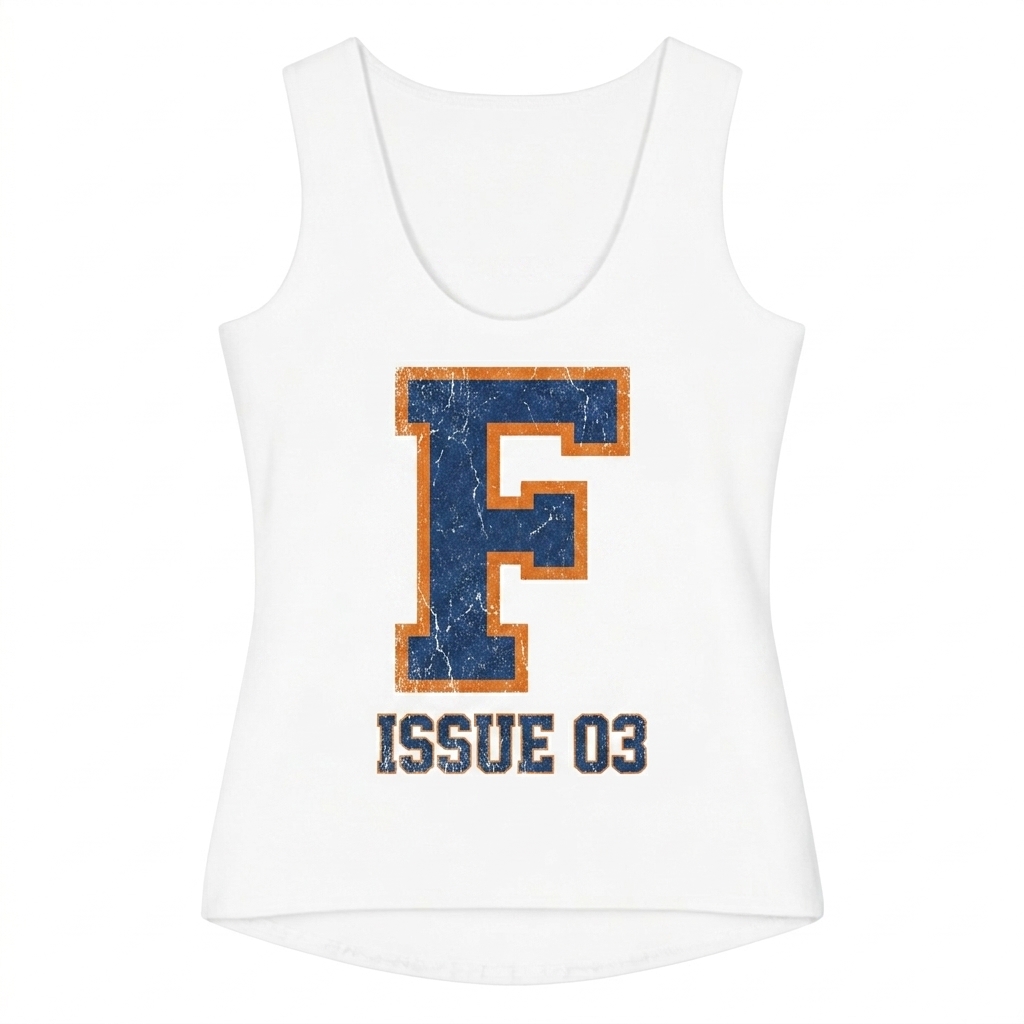 Custom All-Over Print Women's Tank Top design direction 3: Retro Collegiate Emblem featuring the ISSUE 03 wordmark