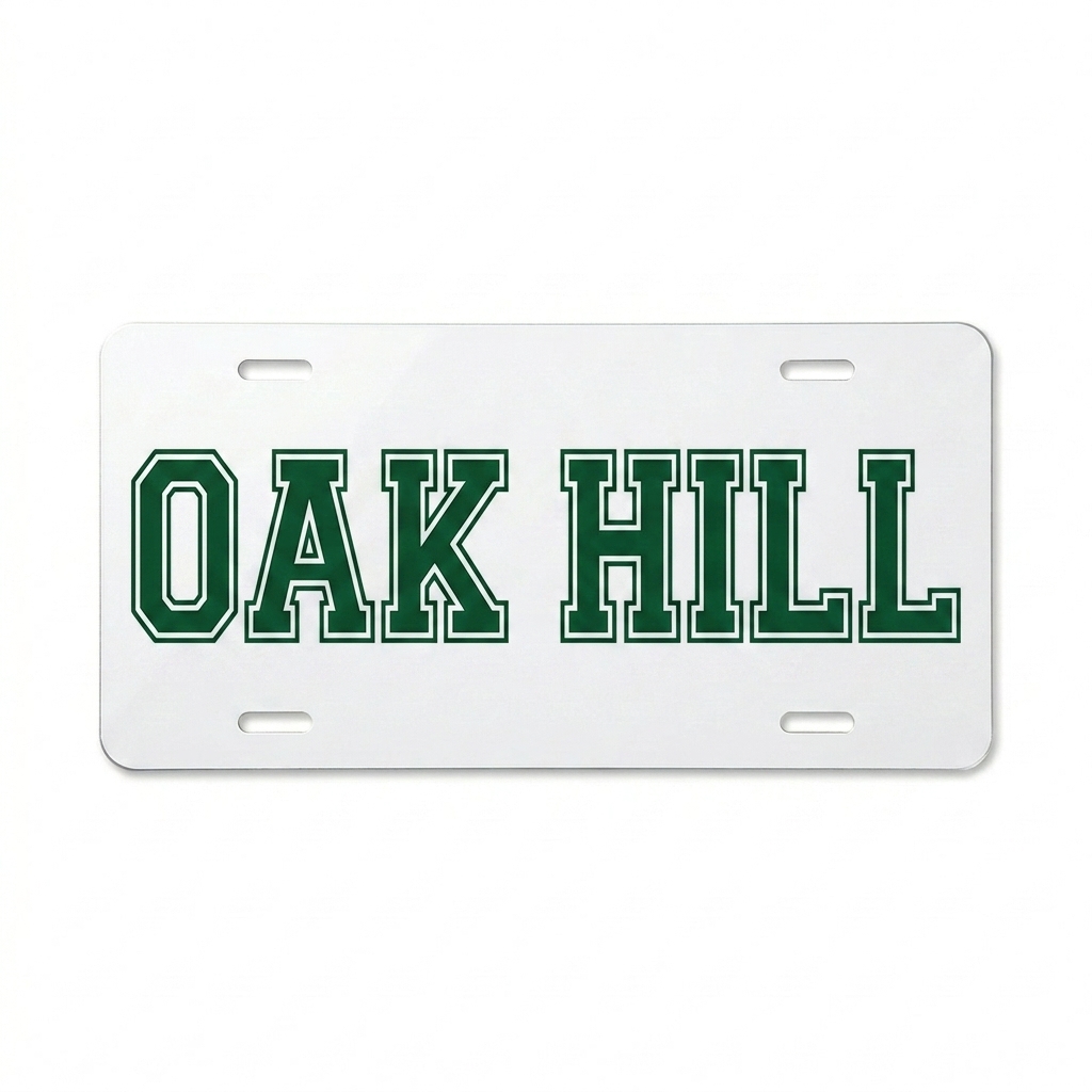 Custom Custom Aluminum Vanity Plate design direction 3: Classic Collegiate featuring the OAK HILL wordmark
