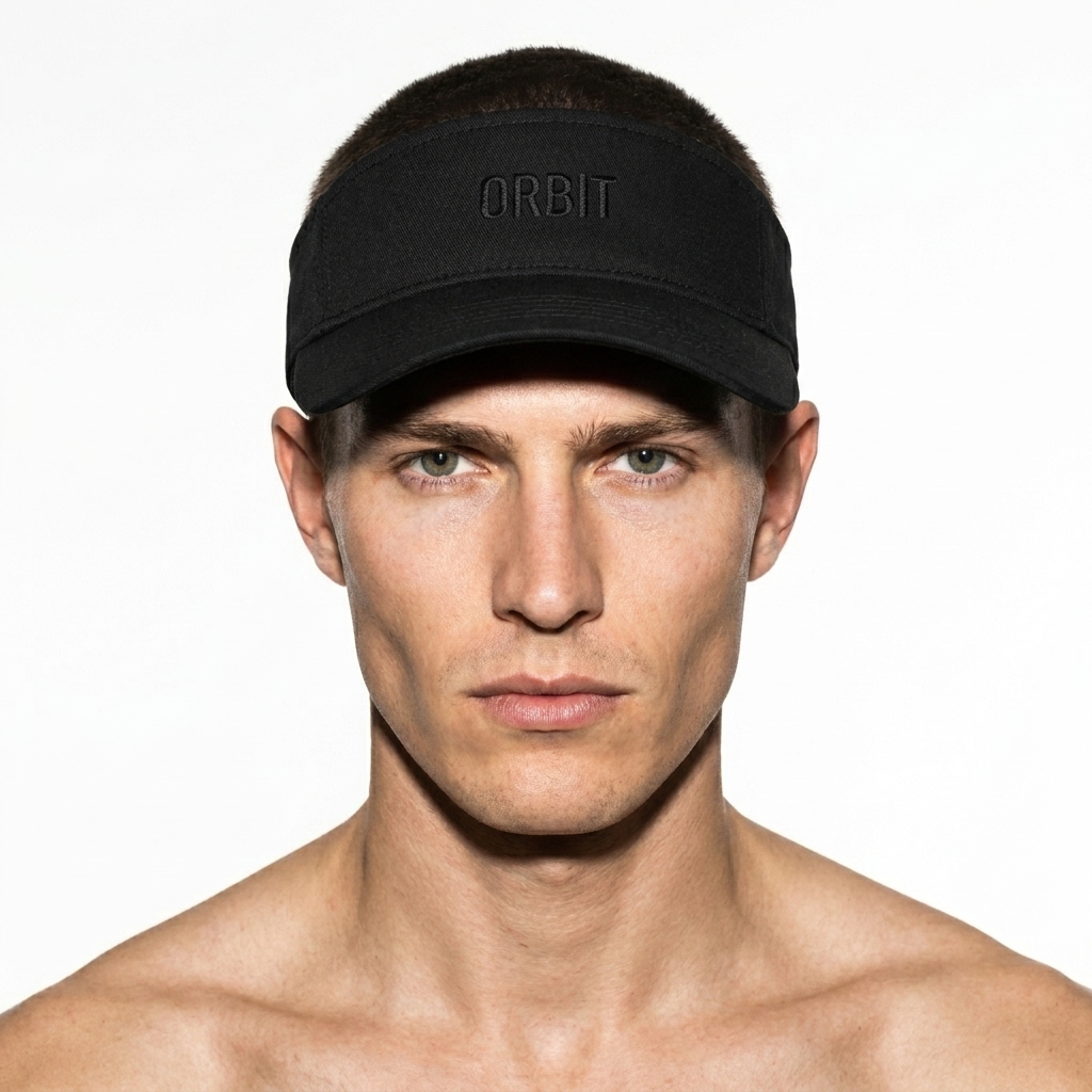 Athletic Performance Visor worn by a lean Australian male fashion influencer, techwear modern styling, studio lookbook — custom athletic performance visor