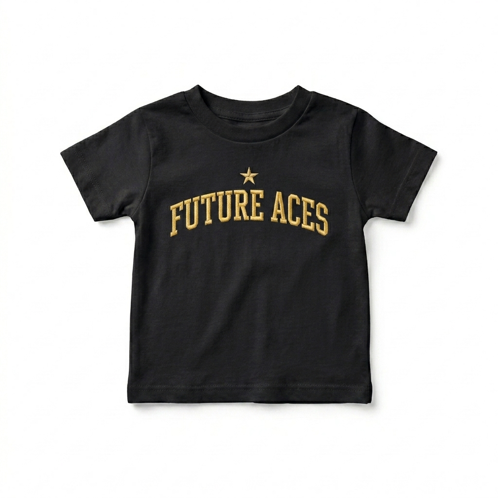 Custom Baby Staple Tee design direction 3: Retro Collegiate Emblem featuring the FUTURE ACES wordmark