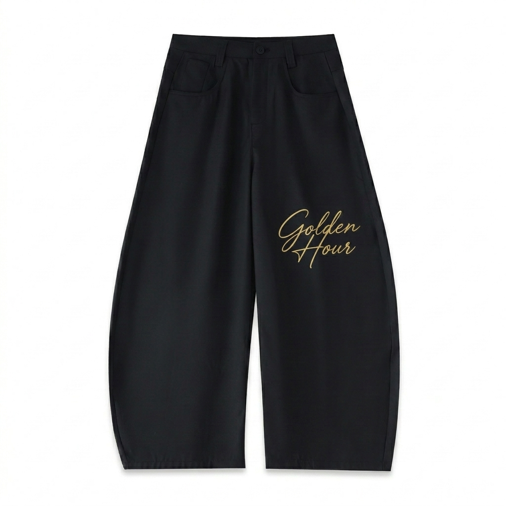 Custom Barrel Dress Pants design direction 3: Elegant Script Signature featuring the GOLDEN HOUR wordmark