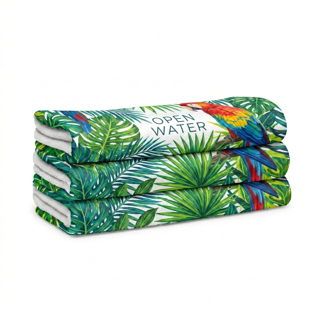 Custom Custom Beach Towel design direction 2: Vibrant Tropical Illustration featuring the OPEN WATER wordmark
