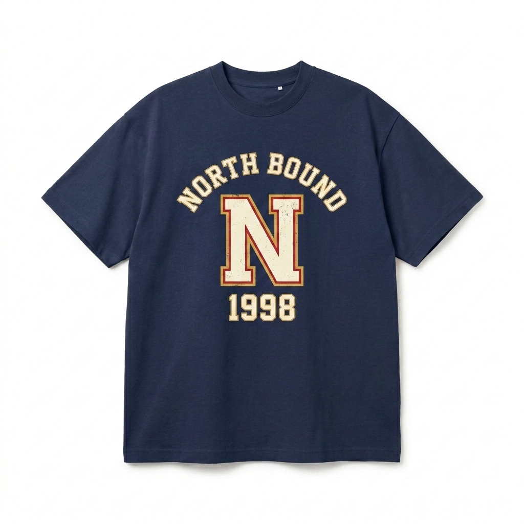 Custom Custom Boxy Fit T-Shirt design direction 3: Retro Collegiate Emblem featuring the NORTH BOUND wordmark