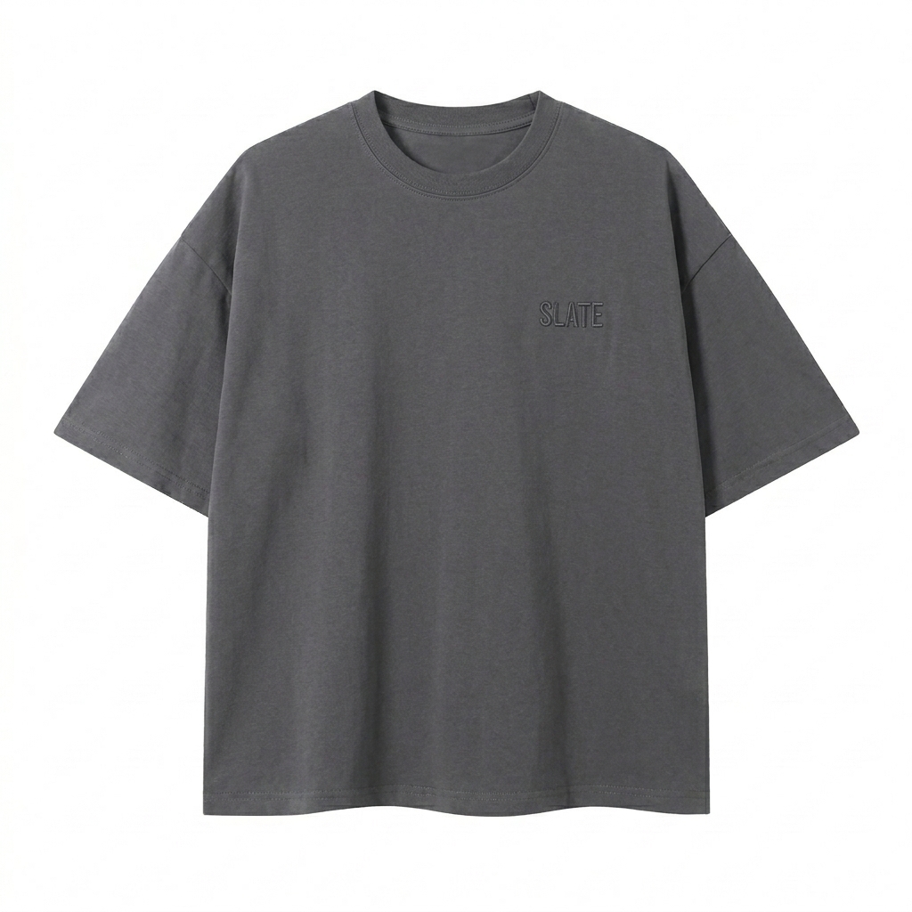 Custom Boxy Oversized T-Shirt design direction 1: Tonal Minimalist Wordmark featuring the SLATE wordmark