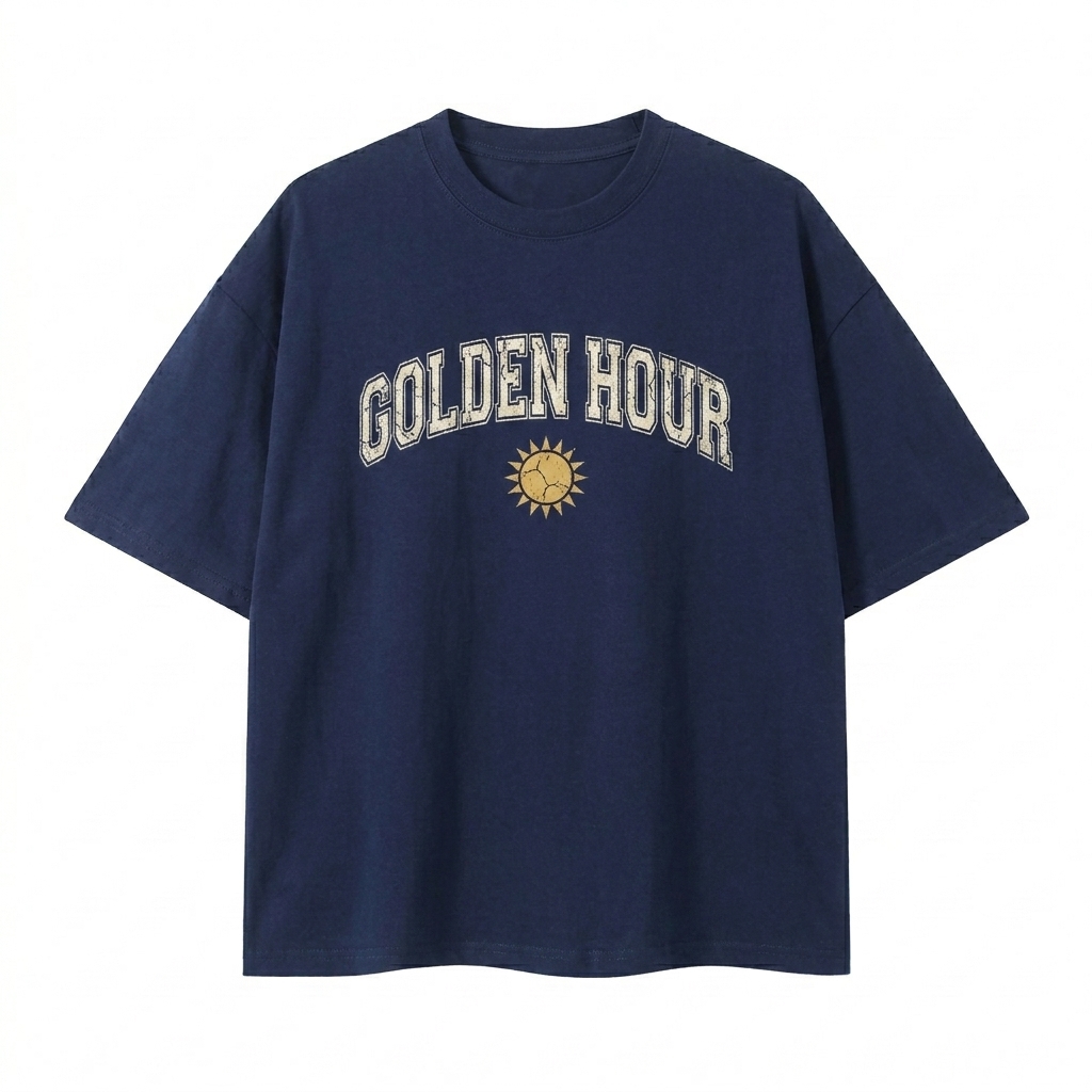 Custom Boxy Oversized T-Shirt design direction 3: Retro Collegiate Emblem featuring the GOLDEN HOUR wordmark