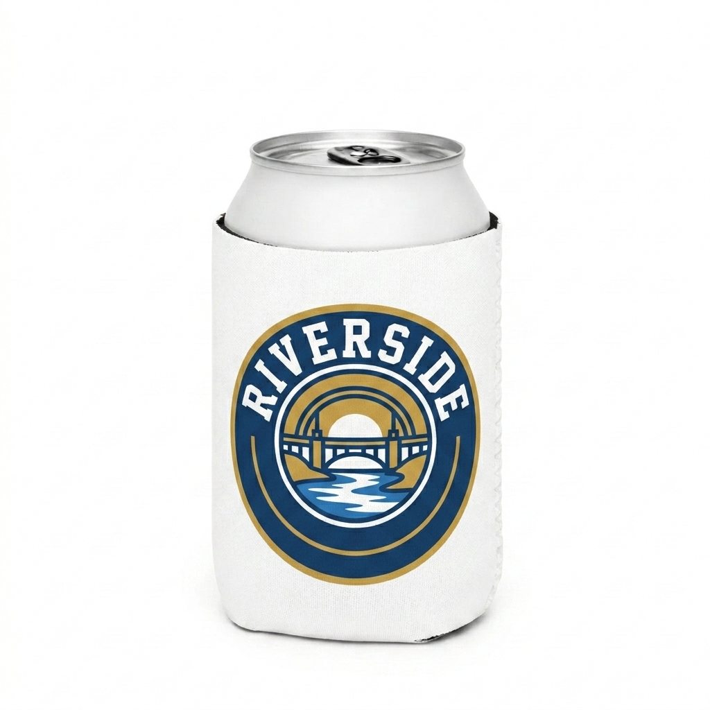 Custom Custom Can Cooler design direction 3: Retro Collegiate Emblem featuring the RIVERSIDE wordmark