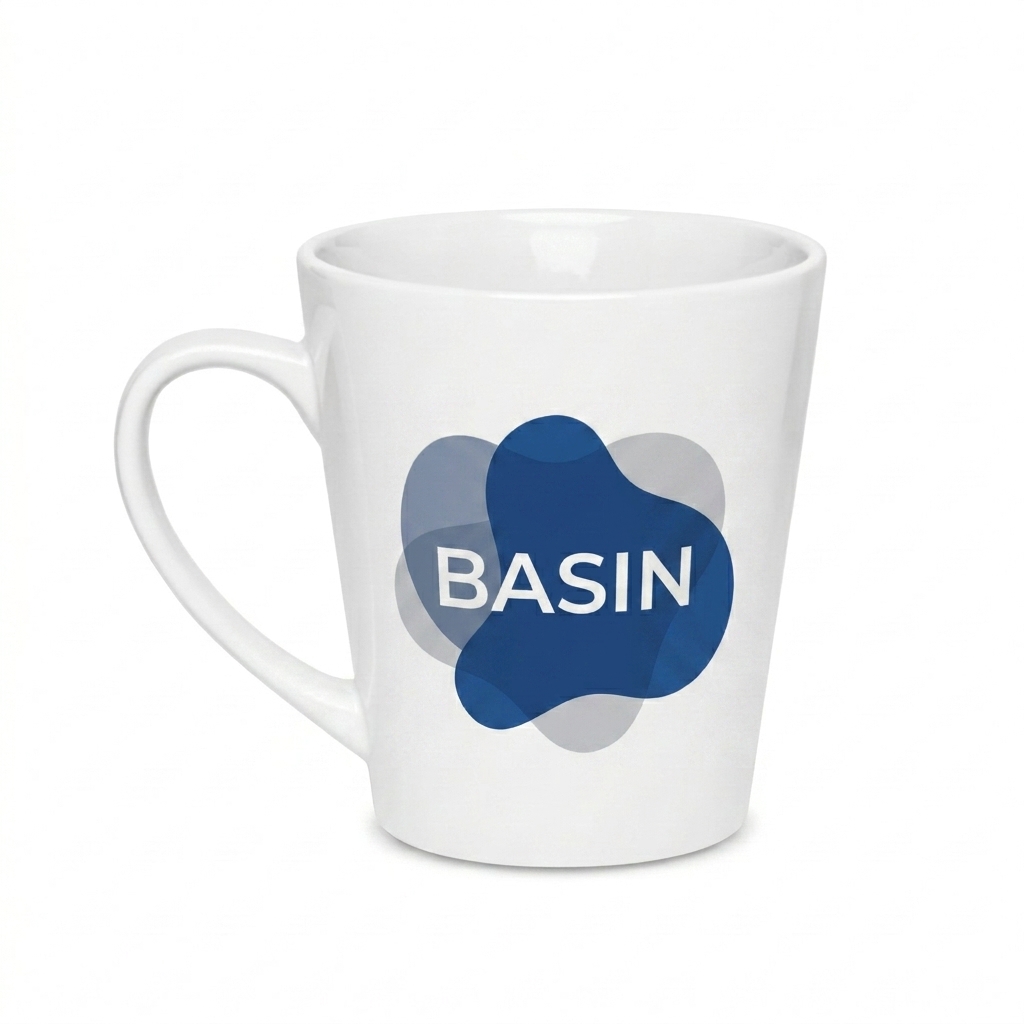 Custom Custom Ceramic Latte Mug design direction 2: Abstract Graphic featuring the BASIN wordmark