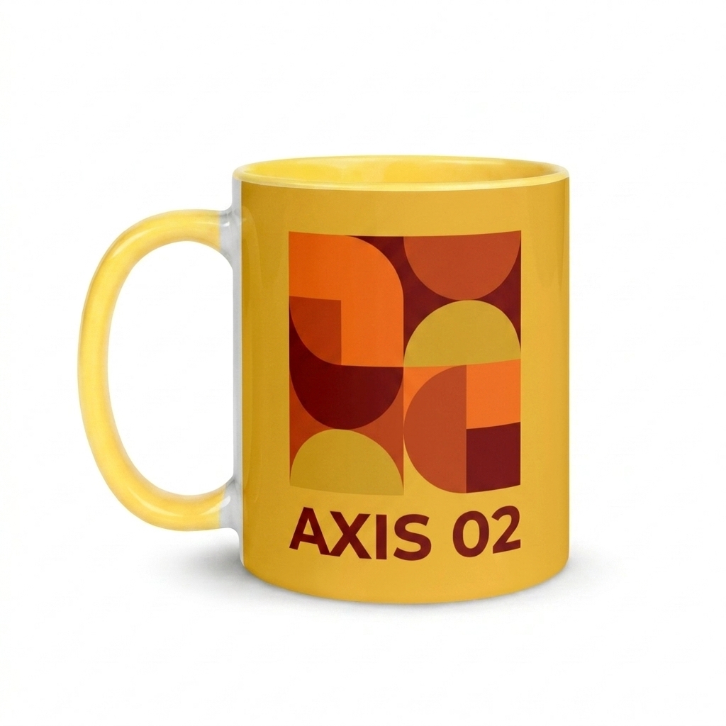 Custom Ceramic Two-Tone Mug design direction 2: Abstract Geometric featuring the AXIS 02 wordmark