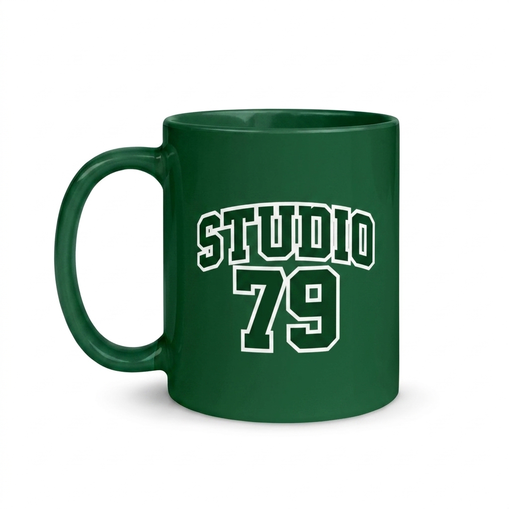 Custom Ceramic Two-Tone Mug design direction 3: Retro Collegiate Emblem featuring the STUDIO 79 wordmark